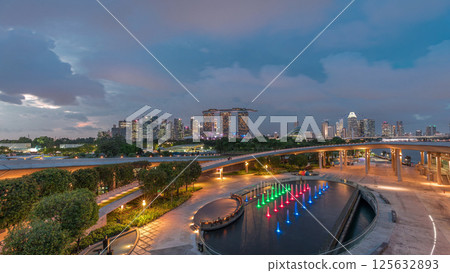 Aerial view after sunset with Singapore city skyline view from Marina barrage garden day to night timelapse. 125632893