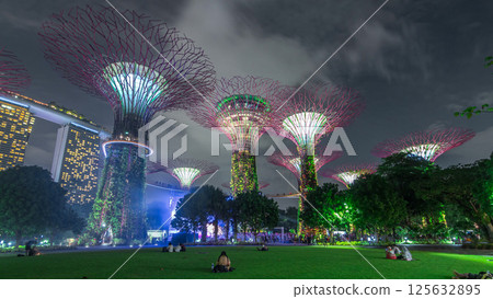 Futuristic view of amazing illumination at Garden by the Bay night timelapse hyperlapse in Singapore. 125632895