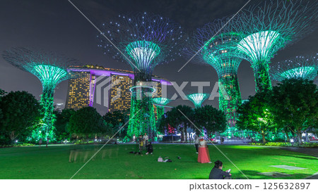 Futuristic view of amazing illumination at Garden by the Bay night timelapse hyperlapse in Singapore. 125632897