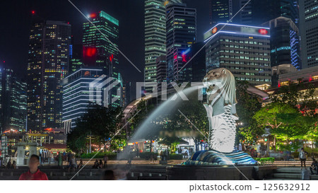 The Merlion fountain and Singapore skyline night timelapse hyperlapse. The Merlion fountain and Singapore skyline night timelapse hyperlapse. 125632912