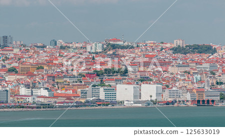 Panorama of Lisbon historical centre aerial timelapse viewed from above the southern margin of the Tagus or Tejo River. Panorama of Lisbon historical centre aerial timelapse viewed from above the southern margin of the Tagus or Tejo River. 125633019
