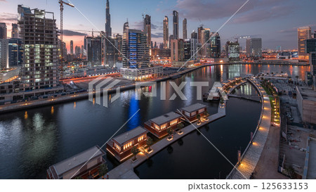 Dubai skyline at sunset aerial timelapse 125633153