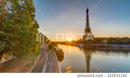 Eiffel Tower and the Seine river at Sunrise timelapse, Paris, France 125633184
