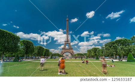 Eiffel Tower on Champs de Mars in Paris timelapse hyperlapse, France Eiffel Tower on Champs de Mars in Paris timelapse hyperlapse, France 125633187