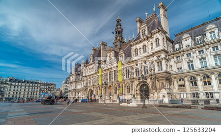 Hotel de Ville or Paris city hall timelapse hyperlapse in sunny day. Hotel de Ville or Paris city hall timelapse hyperlapse in sunny day. 125633204
