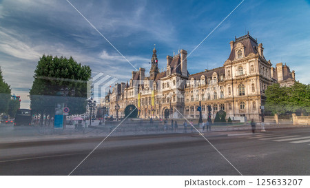 Hotel de Ville or Paris city hall timelapse hyperlapse in sunny day. 125633207