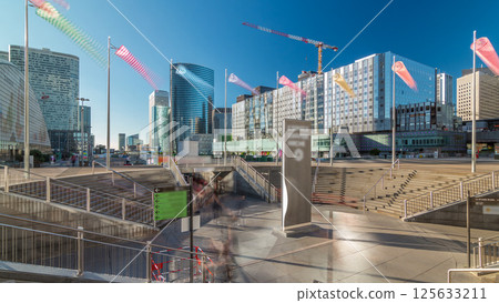 Panorama of La Defence timelapse hyperlapse, business and financial district with highrise skyscrapers buildings 125633211