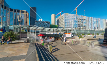 Panorama of La Defence timelapse hyperlapse, business and financial district with highrise skyscrapers buildings Panorama of La Defence timelapse hyperlapse, business and financial district with highrise skyscrapers buildings 125633212