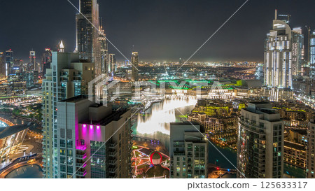 Dubai downtown cityscape with Burj Khalifa, LightUp light show aerial timelapse 125633317