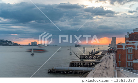 Elevated view of the Padrao dos Descobrimentos Monument to the Discoveries timelapse famous monument on the banks of the River Tagus in Lisbon 125633357
