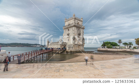 Belem Tower is a fortified tower located in Belem timelapse hyperlapse in Lisbon, Portugal 125633361