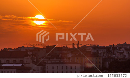 Lisbon at sunset aerial skyline of city centre with red roofs at Autumn evening timelapse, Portugal 125633372