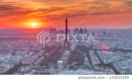 Panorama of Paris at sunset timelapse. Eiffel tower view from montparnasse building in Paris - France 125633399
