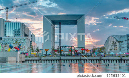 Paris Defense business district skyline and office buildings at sunset timelapse. Paris, France 125633401