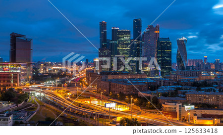 Night to day view of the city traffic timelapse and Building of Moscow International Business Center Moscow-City 125633418