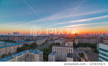 Residential buildings, Stalin skyscrapers and panorama of city at sunrise timelapse in Moscow, Russia Residential buildings, Stalin skyscrapers and panorama of city at sunrise timelapse in Moscow, Russia 125633423