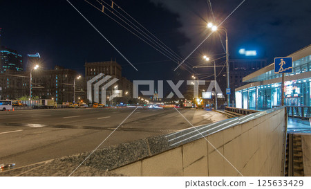 Automobile traffic on Kutuzov Avenue timelapse hyperlapse in Moscow. 125633429