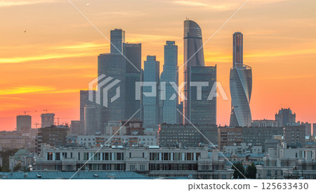 Moscow International Business Center and Moscow urban skyline after sunset day to night timelapse Moscow International Business Center and Moscow urban skyline after sunset day to night timelapse 125633430