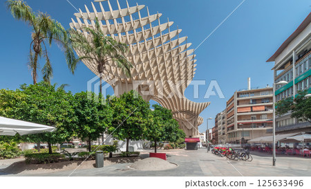 Metropol Parasol in Encarnacion Square timelapse hyperlapse, modern wooden structure, Seville 125633496