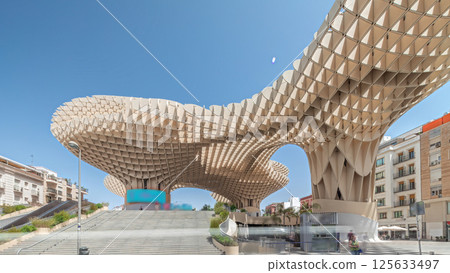 Metropol Parasol in Encarnacion Square timelapse hyperlapse, modern wooden structure, Seville 125633497