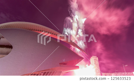 Aerial timelapse of the Palau de les Arts Reina Sofia in Valencia during a fireworks show. Spain 125633523