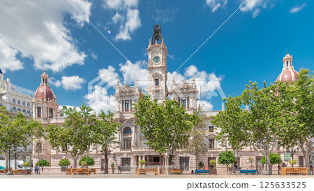 Valencia City Hall or Ajuntament de Valencia timelapse hyperlapse in Plaza de Ayuntamiento. Spain 125633525