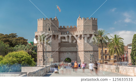 Serrans Towers or Torres de Serranos timelapse hyperlapse in Valencia, Spain. 125633533