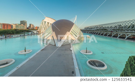 Stunning aerial timelapse hyperlapse of Valencia's City of Arts and Sciences, Spain. 125633541