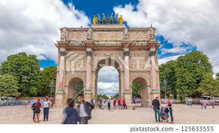 Triumphal Arch timelapse hyperlapse at Tuileries gardens in Paris, France. 125633555