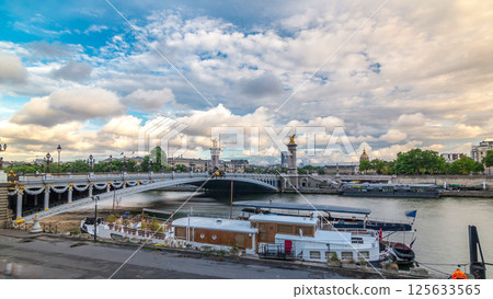 Bridge of Alexandre III spanning the river Seine timelapse hyperlapse. Paris. France. 125633565