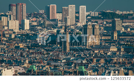 Panorama of Paris aerial timelapse, France. Top view from Montmartre viewpoint. 125633572