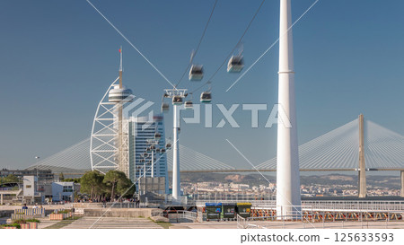 Promenade area of River Tagus in park of nations district timelapse hyperlapse, Vasco da Gamma Bridge. Cable car Lisbon Promenade area of River Tagus in park of nations district timelapse hyperlapse, Vasco da Gamma Bridge. Cable car Lisbon 125633593