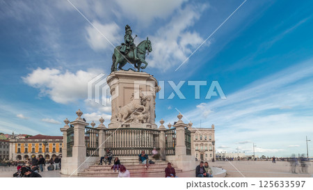 Praca do Comercio or Commerce Plaza. Statue of King Jose I timelapse hyperlapse. 125633597
