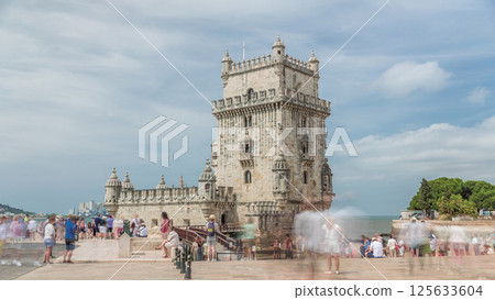 Torre de Belem or Belem Tower timelapse hyperlapse on the Rio Tejo in Belem district of the City of Lisbon in Portugal. Torre de Belem or Belem Tower timelapse hyperlapse on the Rio Tejo in Belem district of the City of Lisbon in Portugal. 125633604
