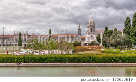 Empire Square timelapse hyperlapse, city square and park adjacent to the Jeronimos Monastery Lisbon, Portugal 125633619