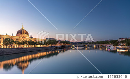 The Grand Hotel-Dieu Day to night transition timelapse hyperlapse in Lyon, France. 125633646