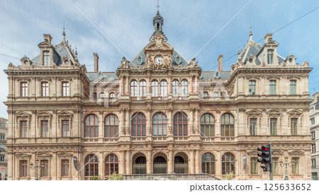 Hyperlapse of Palais de la Bourse or Palais du Commerce front view in the Les Cordeliers quarter, Lyon, France. 125633652