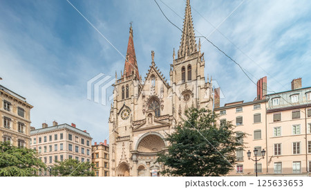 Hyperlapse of the Church of Saint-Nizier in the Presqu'ile district of Lyon, France. Hyperlapse of the Church of Saint-Nizier in the Presqu'ile district of Lyon, France. 125633653