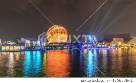 Panorama showing Riyadh Boulevard World entertainment park with largest artificial lake timelapse. Riyadh. Saudi Arabia 125633661