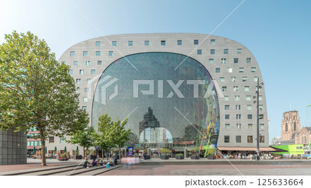 Hyperlapse of the Rotterdamse Markthal's exterior with shops and restaurants. Netherlands 125633664