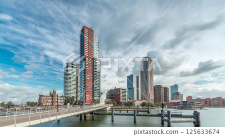 Hyperlapse of the Rijnhaven Bridge with skyscrapers in Rotterdam, Netherlands. 125633674