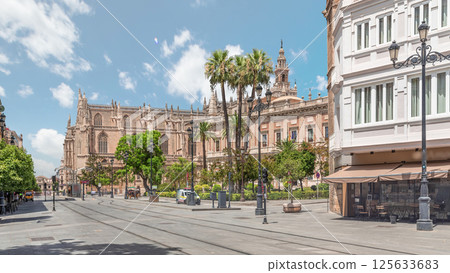 General Archive of the Indies timelapse with tram passing, Seville, Spain 125633683