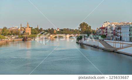 Aerial view of Seville divided by the river Guadalquivir timelapse hyperlapse 125633687