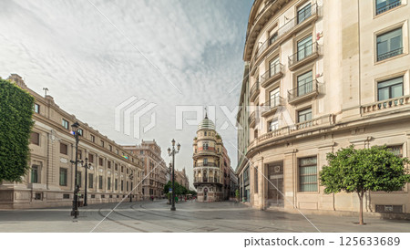 Street view of Constitucion avenue with historical buildings and trams timelapse 125633689