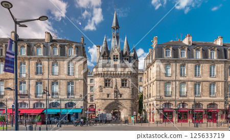 Historic Porte Cailhau timelapse hyperlapse in Bordeaux, France, with its medieval architecture and spires Historic Porte Cailhau timelapse hyperlapse in Bordeaux, France, with its medieval architecture and spires 125633719