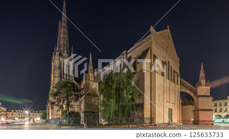Cathedrale Saint-Andre de Bordeaux night timelapse hyperlapse with twin spires. France Cathedrale Saint-Andre de Bordeaux night timelapse hyperlapse with twin spires. France 125633733