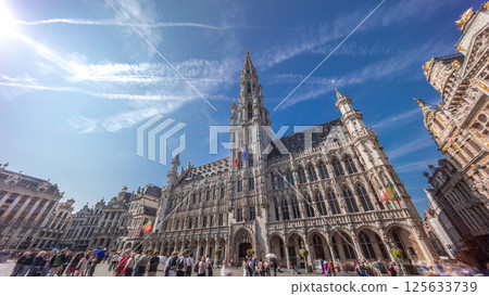 Timelapse hyperlapse of Town Hall on the Grand Place in Brussels, Belgium. Timelapse hyperlapse of Town Hall on the Grand Place in Brussels, Belgium. 125633739