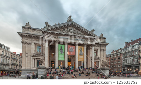 Hyperlapse of the Brussels Stock Exchange facade near Grand Place. Belgium Hyperlapse of the Brussels Stock Exchange facade near Grand Place. Belgium 125633752