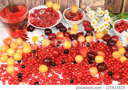 Fresh berries of red currant, cherries and cherries, top view,. Red currant and sweet cherry on a wooden light background, selective focus. Natural nutrition Fresh berries of red currant, cherries and cherries, top view,. Red currant and sweet cherry on a wooden light background, selective focus. Natural nutrition 125633835