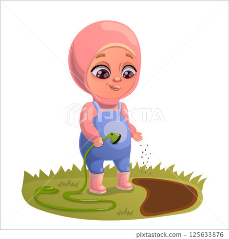 Illustration of a child doing gardening and animal husbandry Illustration of a child doing gardening and animal husbandry 125633876
